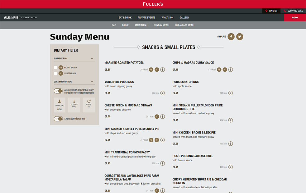 Fullers menu example